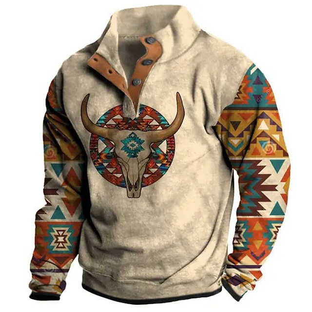  Graphic Prints Cowboy Fashion Casual Vintage Retro 3D Print Men's Holiday Going out Streetwear Sweatshirt Pullover Sweatshirts Blue Brown Green Stand Collar Long Sleeve Spring &  Fall Button Fleece