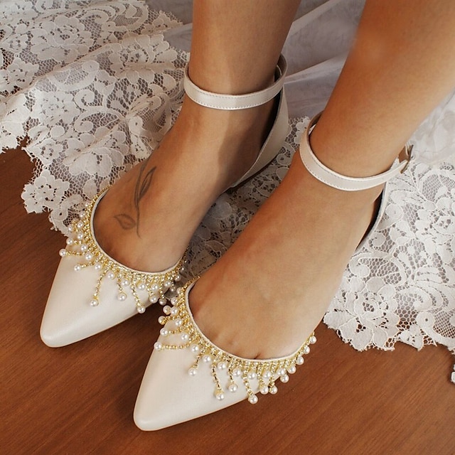 Mujer Zapatos de boda Regalos de San Valentín Zapatos brillantes y brillantes Borla zapatos Fiesta Oficina Pisos de boda Zapatos de novia Zapatos de dama de honor Pedrería Perla de Imitación Tacón