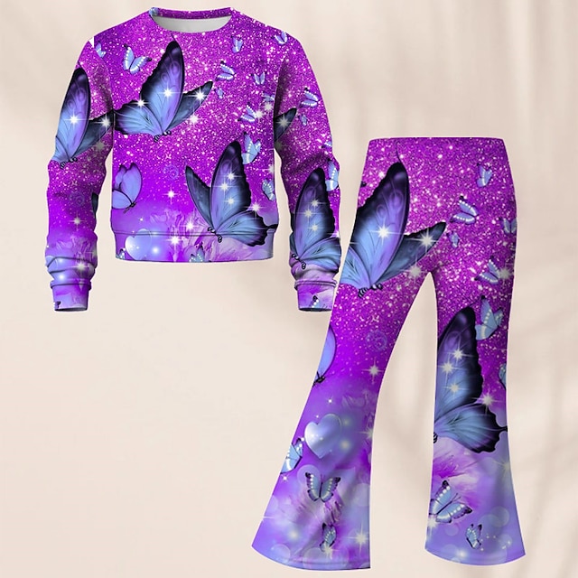  Girls' 3D Butterfly Set Sweatshirt & Bell bottom Long Sleeve 3D Print Fall Winter Active Fashion Daily Polyester Kids 3-12 Years Crew Neck Outdoor Date Vacation Regular Fit