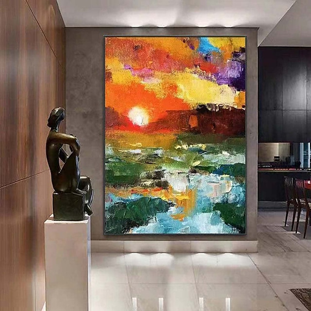  Handmade Hand Painted sunset Oil Painting Wall Art Abstract Sunset Glow Painting On Canvas Modern Bright Textured Canvas painting Wall Art Decor Rolled Canvas No Frame Unstretched