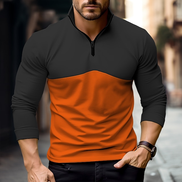  Herren T Shirt Halb-Zip-Shirt T-Shirt Langarmshirt Langarm Viertelreißverschluss Frühling & Herbst Farbblock Mode Designer Basic Patchwork Urlaub Straße Ausgehen Gelb Orange Braun Top T-Shirt für