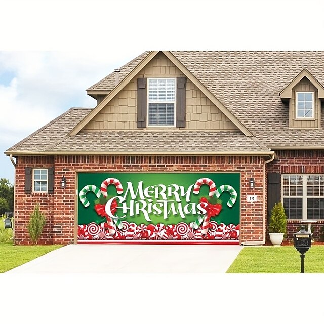  Christmas Outdoor Garage Door Cover Xmas Banner Candy Cane Large Christmas Backdrop Decoration Deer Door Cover Decoration for Christmas Holiday Outdoor Garage Door Home Wall Decorations