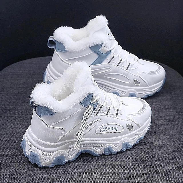 Women's White Winter Sneakers with Plush Lining and Chunky Sole - Warm High-Top Athletic Shoes for Cold Weather 10
