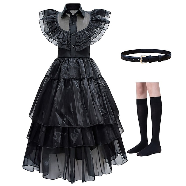  Woensdag Addams familie Addams Woensdag Jurken Cosplay kostuum Dames Voor meisjes Film cosplay Punk & Gothic Halloween Maskerade Kleding Ceintuur