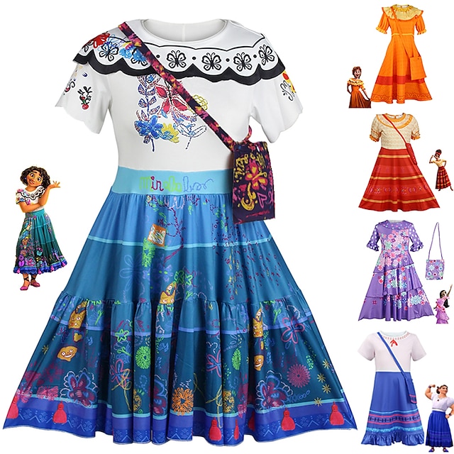  Girls' Encanto Dress with Bags Mirabel Isabela Luisa Madrigal Cosplay Costume Flower Girl Dress Vacation Dress Cute Movie Cosplay Outfit Children's Day Halloween Masquerade World Book Day Costumes