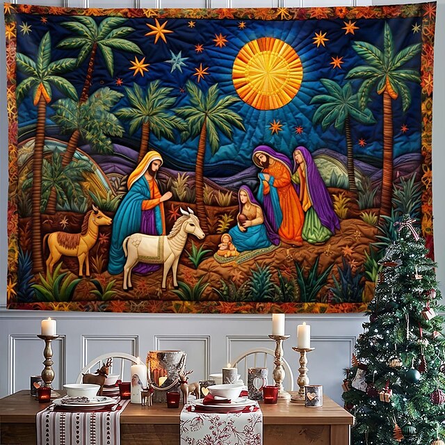  クリスマスの飾り、キリスト降誕のシーン、イエスの洗礼、吊り下げタペストリー、キルティングパターン、壁アート、クリスマス、大きなタペストリー、壁画、装飾、写真、背景、ブランケット、カーテン、自宅、寝室、リビングルームの装飾