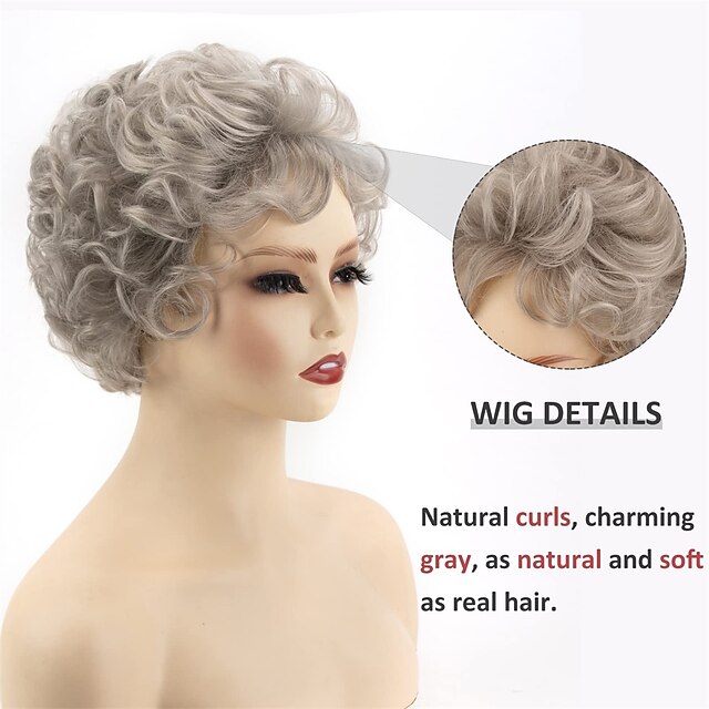 Short Gray Curly Wigs for White Women Pixie Cut Grey Wigs Natural