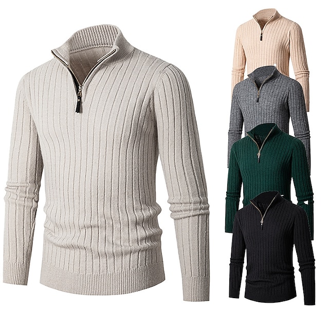  Men's Pullover Sweater Jumper Quarter Zip Pullover Sweater Jumper Ribbed Knit Regular Knit Plain Quarter Zip Modern Contemporary Work Daily Wear Clothing Apparel Fall & Winter Black White M L XL