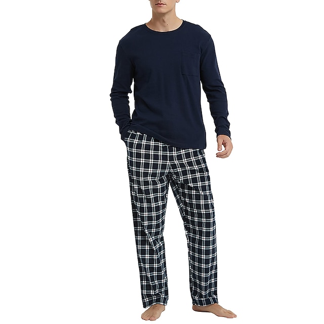  Herren Hausanzug Schlafanzüge Schlafanzug Set Pyjama-Oberteil und Hose 2 Stück Plaid Stilvoll Brautkleider schlicht Komfort Heim Täglich Baumwollmischung Komfort Rundhalsausschnitt Langarm T Shirt