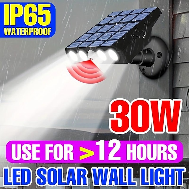  1 projecteur solaire à LED de sécurité, éclairage du crépuscule à l'aube, projecteur 3000 lm, montage mural, panneau solaire 5 V, lampe d'énergie murale extérieure, 3 modes de détection de lumière/de mouvement, étanchéité IP65