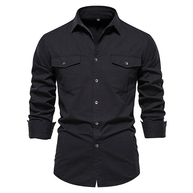 Men's Shirt Button Up Shirt Casual Shirt Black Navy Blue Green khaki Dark Gray Long Sleeve Plain Lapel Daily Vacation Front Pocket Clothing Apparel 100% Cotton Fashion Casual Comfortable 12