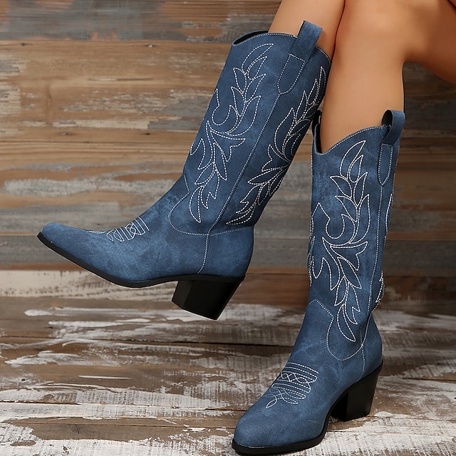  Women's Boots Outdoor Work Cowboy Boots Plus Size Cowgirl Boots Winter Mid Calf Boots Zipper Pointed Toe Block Heel Chunky Heel Walking Vintage Fashion Luxurious Loafer PU Embroidered Blue