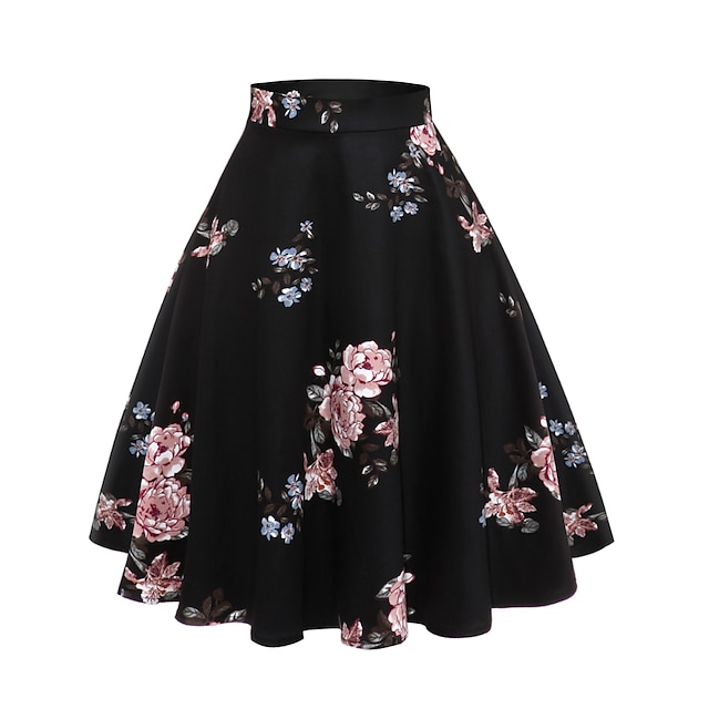  Damen Rock Ballettröckchen Vintage Modisch Brautkleider schlicht Knielang Hoher Taillenbund Röcke Blumen Rüschen Bedruckt Urlaub Strasse Pfingstrose auf schwarzem Hintergrund Winter Baumwolle