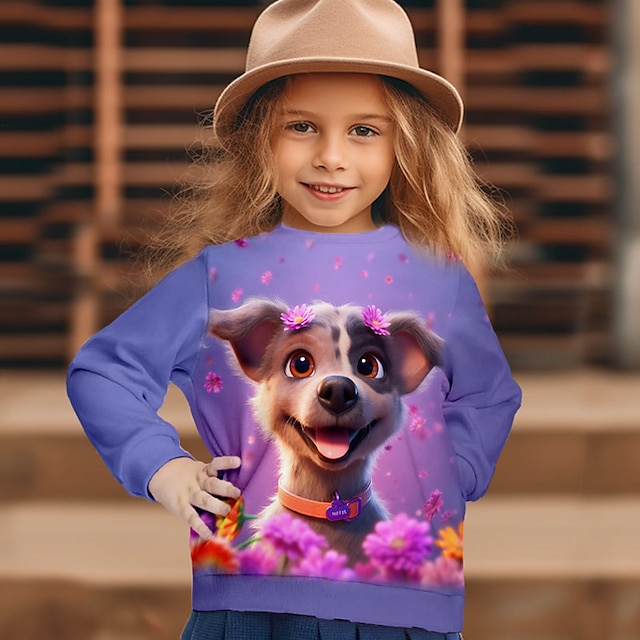  Voor meisjes 3D Bloemig Hond Sweatshirt Pullover Lange mouw 3D-afdrukken Herfst Winter Modieus Streetwear Aanbiddelijk Polyester Kinderen 3-12 jaar Strakke ronde hals Buiten Casual Dagelijks Normale