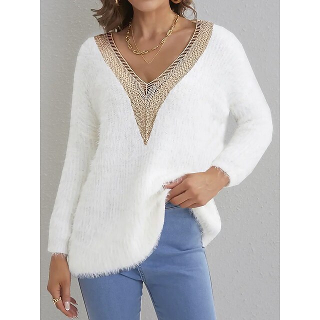  Women's Pullover Sweater Jumper Jumper Fuzzy Knit Oversized Regular V Neck Solid Color Daily Weekend Casual Fall Winter Beige S M L