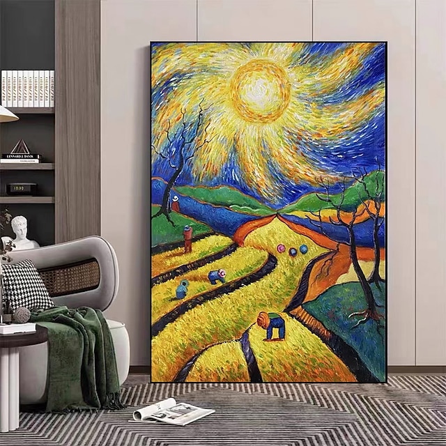  Original Starry Sky Oil Painting on Canvas Textured Wall Art Abstract Impressionism Harvest Painting Yellow Landscape Art Decor Bedroom Wall Decor (No Frame)