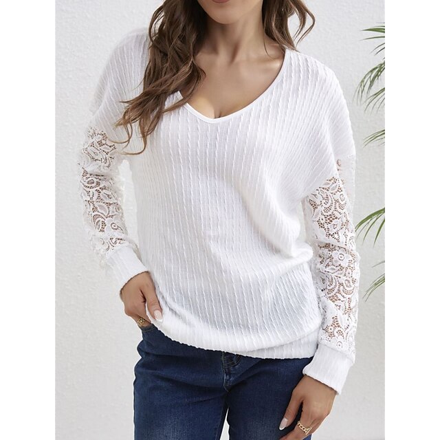  Women's Shirt Blouse White Lace Plain Casual Long Sleeve V Neck Fashion Regular Fit Spring &  Fall