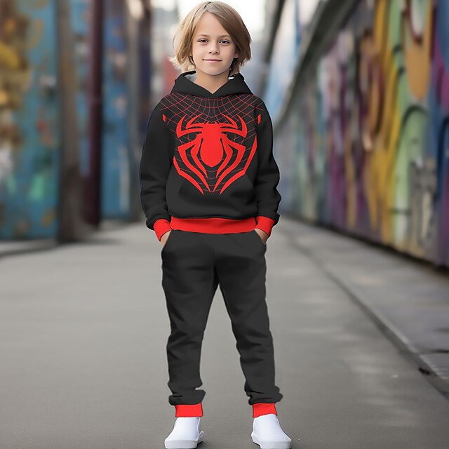  miles morales kostym halloween pojkar 3d spindel huvtröja & byxor set långärmad 3d-utskrift höst vinter aktivt mode cool polyester barn 3-12 år utomhus street semester normal passform