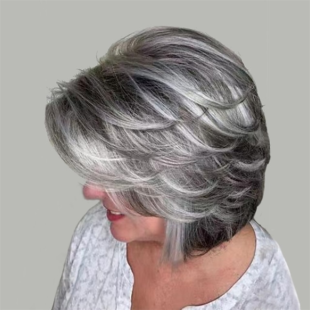  perruques bob gris foncé courtes perruque bob en couches ondulées avec frange de rideau pour femmes perruque synthétique ruban ombre gris bob perruque coupe lutin perruques de cheveux gris pour femmes