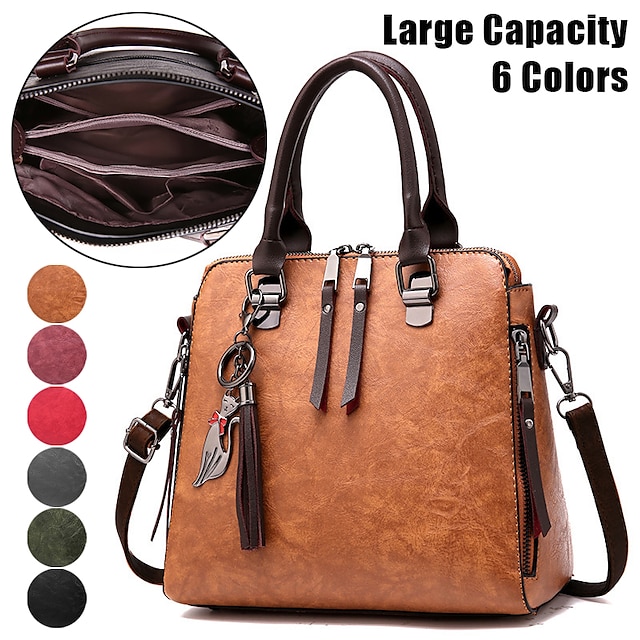  Women's Handbag Crossbody Bag Shoulder Bag Dome Bag Boston Bag PU Leather Outdoor Daily Holiday Pendant Zipper Large Capacity Waterproof Lightweight Solid Color Color Block claret ArmyGreen Rubber red