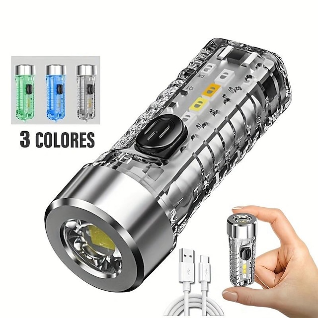  Mini lanterna chaveiro recarregável USB com luzes laterais multicoloridas - 7 modos de iluminação para camping e emergências