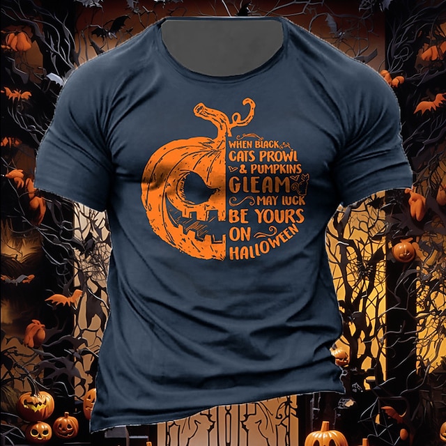  Camiseta gráfica de 100% algodón para hombre de Halloween, estampado de calabaza, camiseta negra, azul marino, verde militar, pantalón corto informal clásico de manga gris cuando los gatos merodean