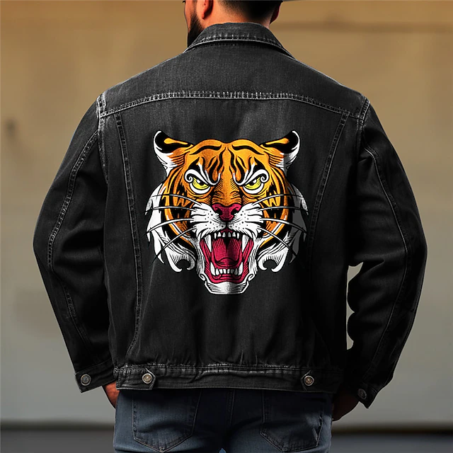 Men's Tiger Coat Jean Jacket Denim Jacket Comfortable Breathable Casual Sports & Outdoor Going out Weekend Buttons Print Fall & Winter Turndown Long Sleeve Black Blue 8