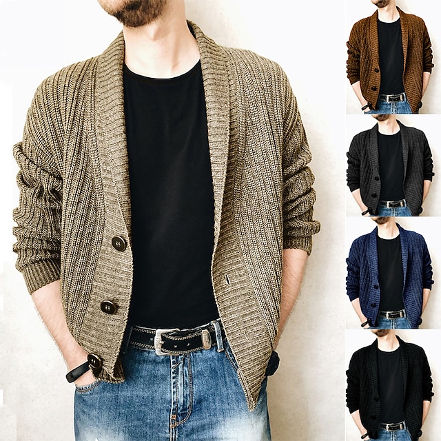  Men's Cardigan Sweater Fall Sweater Ribbed Knit Knitted Regular V Neck Plain Daily Wear Going out Warm Ups Modern Contemporary Clothing Apparel Winter Black Brown S M L