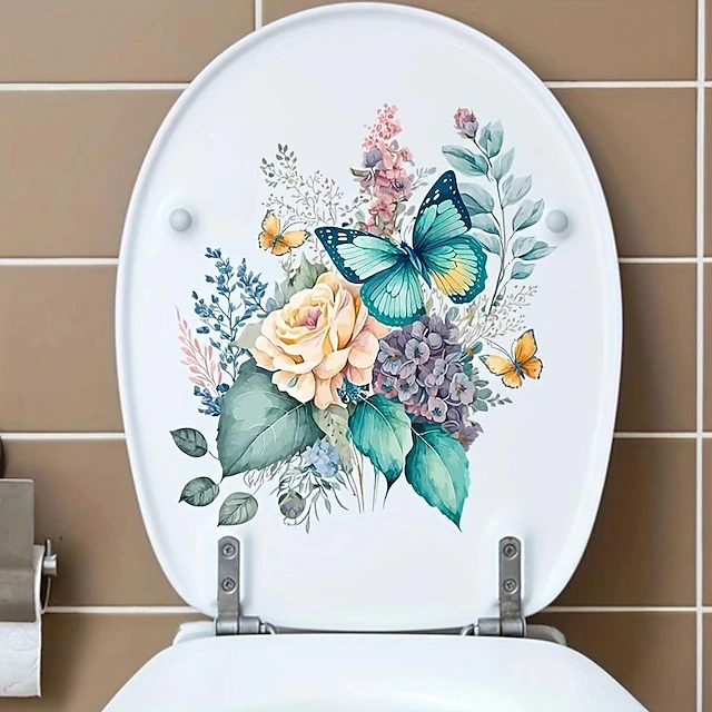 Birds Flowers Toilet Seat Lid Stickers Self-Adhesive Bathroom Wall ...