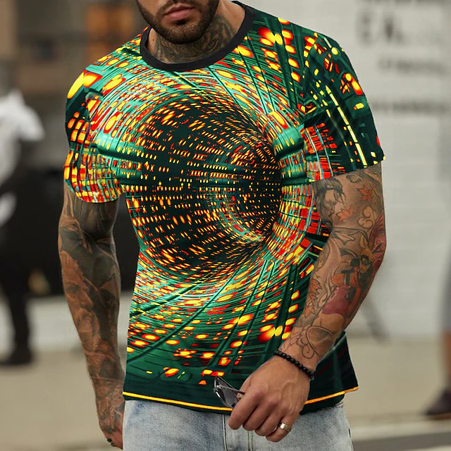 Men's Graphic Geometic Technology T Shirt Short Sleeve T shirt 3D Print Crew Neck Shirt Daily Designer Retro Vintage Sports Outdoor Holiday Going out Yellow Orange Green Spring & Summer Clothing 5