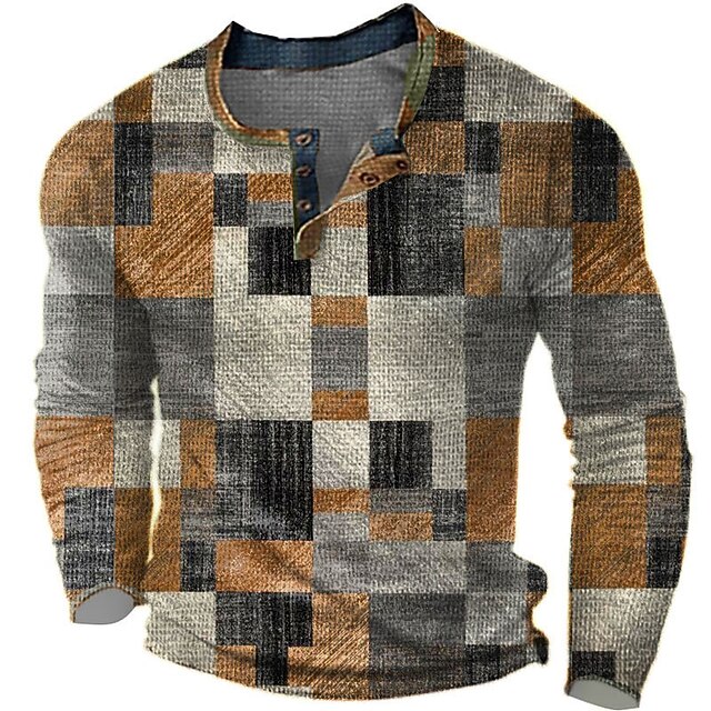 Men's Graphic Color Block Plaid / Check Waffle Henley Shirt Casual Style Classic Style Long Sleeve 3D Print Fashion Designer Basic Outdoor Daily Spring &  Fall Orange Henley Henley T-Shirt2