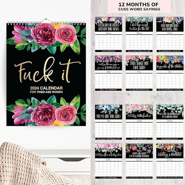  Wandkalender 2024 für müde Frauen, lustiger Monatskalender mit Haken, handgefertigter Home-Office-Hängekalender, Gag-Geschenk mit weißem Elefanten für Frauen