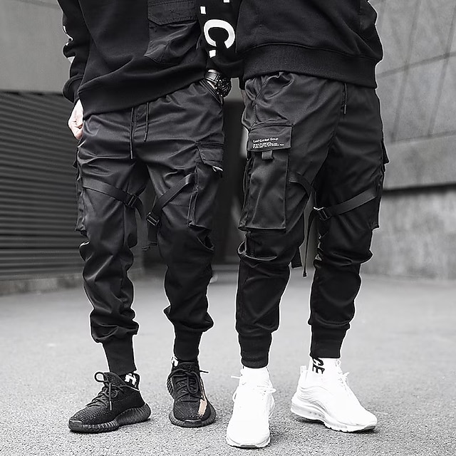  Men's Cargo Pants Cargo Trousers Joggers Techwear Drawstring Elastic Waist Multi Pocket Plain Ankle-Length Casual Weekend Cotton Streetwear Hip Hop Black
