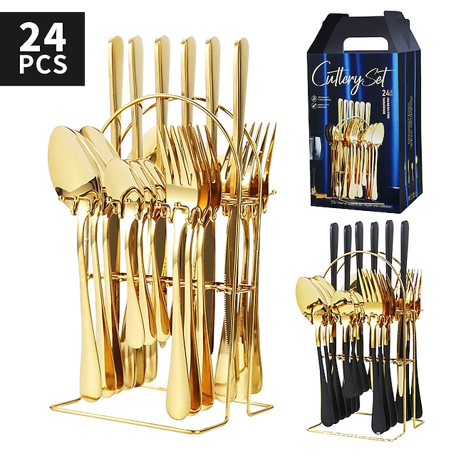  24 Piece Gold Silverware Flatware Cutlery Set with Stand Include Knife Fork Spoon, Hanging Stainless Steel Utensils Set, Home Kitchen Tableware Set-Green Handle