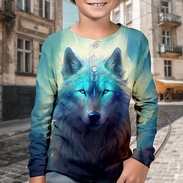  Мальчики 3D Волк рубашка на хенли Длинный рукав 3D печать Осень Зима Спорт Мода Уличный стиль Полиэстер Дети 3-12 лет Вырез под горло на открытом воздухе Повседневные Стандартный