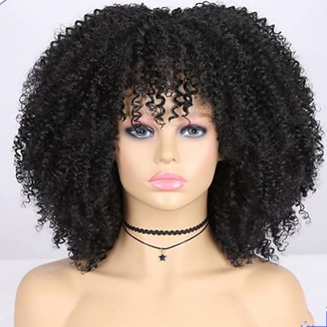 Afro Bomb Curly Wigs For Black Women Kinky Curly Wig With Bangs Short Black Curly Human Hair 