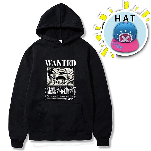  One Piece Monkey D. Luffy Hoodie Anime Anime Front Pocket Graphic Hoodie For Men's Women's Unisex Adults' Hot Stamping 100% Polyester Street Daily with Hat
