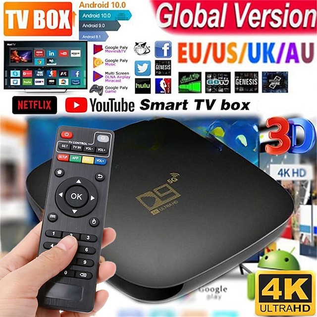  New Smart TV Box Android 10.0 D9 HD 4K Quad Core Media Player Video 2.4G 5GHz Wifi Smart TV Box Set Top Box