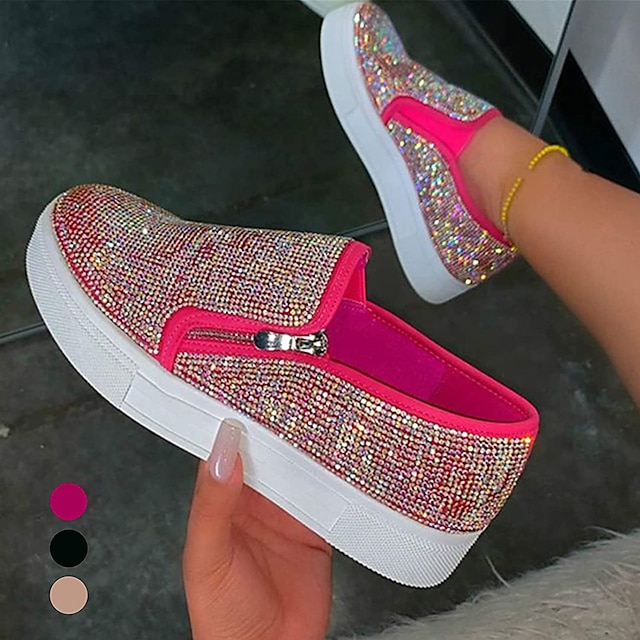  Women's Sneakers Slip-Ons Bling Bling Shoes Plus Size Sparkling Shoes Outdoor Daily Summer Rhinestone Flat Heel Round Toe Fashion Sporty Casual Walking Polyester Loafer Black Gold Rose Pink