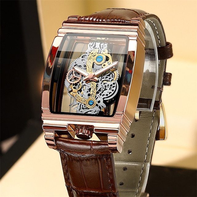  Men Mechanical Watch Luxury Large Dial Fashion Business Hollow Skeleton Tourbillon Luminous Waterproof Leather Watch