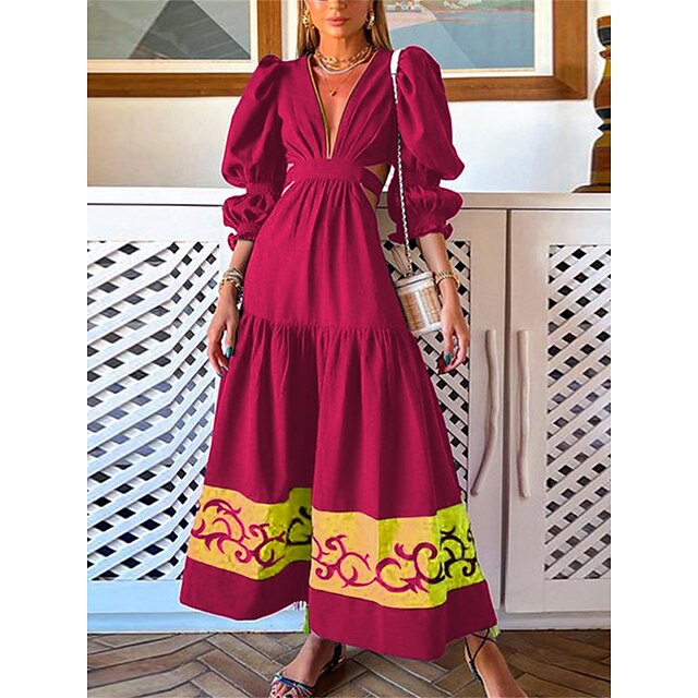  Women's Casual Dress Floral Swing Dress Semi Formal Dress V Neck Ruched Cut Out Long Dress Maxi Dress Party Christmas Vintage Fashion Loose Fit Long Sleeve Wine Dark Green Dark Blue Fall Winter S M L