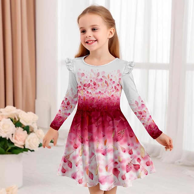 dívčí 3D květinové volánkové šaty dlouhý rukáv barevný přechod 3D tisk podzim zimní sporty & venkovní denní dovolená roztomilý ležérní krásné děti 3-12 let ležérní šaty šaty nad kolena polyester