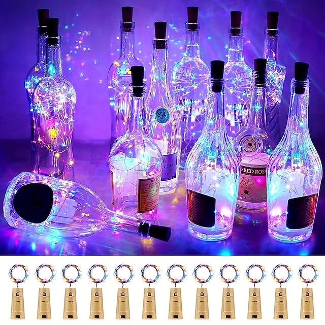  1/2/6/10 τμχ φωτάκια κορδονιού για μπουκάλι κρασιού 2m 20led με φελλό ζεστό λευκό πολύχρωμο κόκκινο μπλε αδιάβροχο χριστουγεννιάτικο στολισμό γάμου μπαταρίες powered