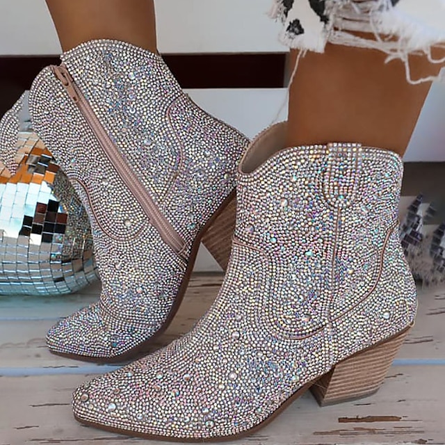  Women's Boots Bling Bling Shoes Metallic Boots Glitter Crystal Sequined Jeweled Outdoor Work Daily Booties Ankle Boots Winter Rhinestone Sequin Block Heel Chunky Heel Pointed Toe Elegant Fashion