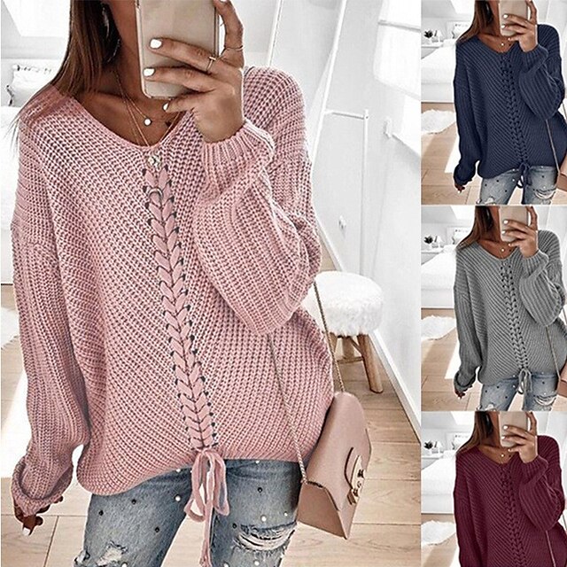  Women's Pullover Sweater Jumper Jumper Ribbed Knit Patchwork Regular V Neck Solid Color Daily Stylish Elegant Lantern Sleeve Winter Black Yellow S M L
