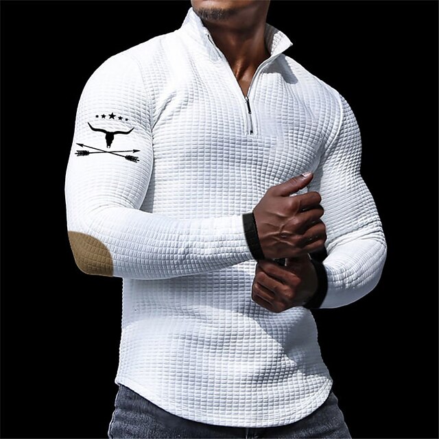 Men's Waffle Polo Shirts Zip Polo Golf Polos Shirts Long Sleeve Polo Shirts Zip Vintage Casual Daily 3D Print Fall & Winter Black White Khaki 5