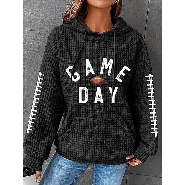  Women's Hoodie Sweatshirt Pullover Active Drawstring Front Pocket Black White Gray Letter Football Casual Sports Hoodie Top Long Sleeve Fall & Winter Micro-elastic