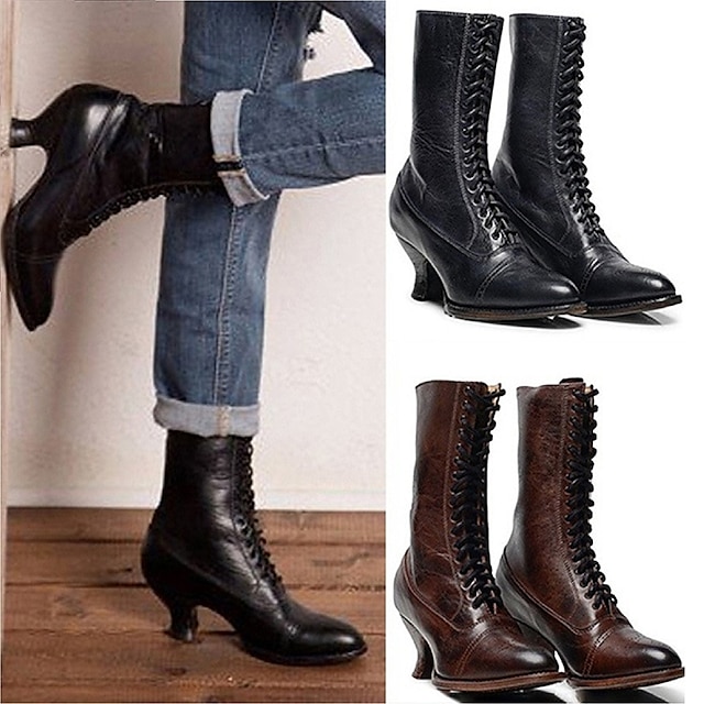  Women's Boots Combat Boots Motorcycle Boots Brogue Outdoor Daily Solid Color Color Block Mid Calf Boots Winter Block Heel Pointed Toe Elegant Casual Minimalism Walking PU Lace-up Black White Brown