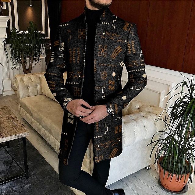  Mens Graphic Jacket Totem Vintage Business Tribal Coat Work Wear Going Out Fall & Winter Stand Collar Long Sleeve Black Xl Polyester Geometric Wool Ethnic