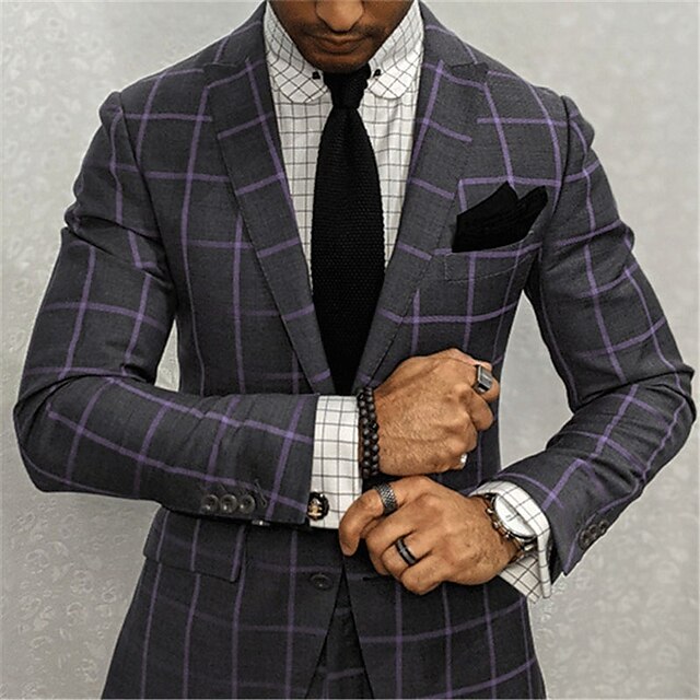  Men's Suits Blazer Business Formal Evening Wedding Party Spring &  Fall Fashion Casual Plaid / Check Geometry Polyester Casual / Daily Pocket Single Breasted Blazer Black